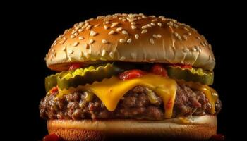 AI generated Grilled beef burger with cheese, tomato, and onion on bun generated by AI photo