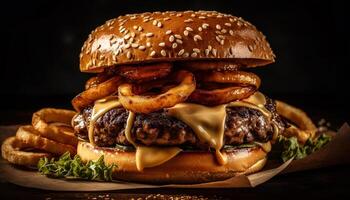 ai generado A la parrilla carne de vaca hamburguesa en un rústico bollo con Derretido queso generado por ai foto