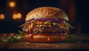AI generated Grilled beef burger on a rustic wooden table with cheese generated by AI photo