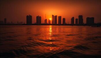 AI generated Silhouette of skyscrapers reflect on tranquil waterfront at dusk generated by AI photo