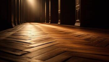 AI generated Dark wood flooring in an empty stage theater, illuminated by sunlight generated by AI photo