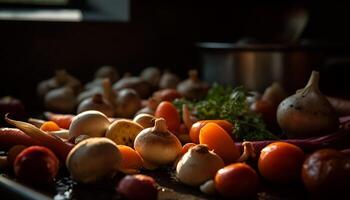 AI generated Freshness of organic vegetables on wooden table, healthy eating meal generated by AI photo