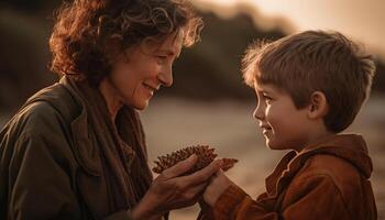 AI generated Two boys playing outdoors, smiling, enjoying the autumn sunset together generated by AI photo