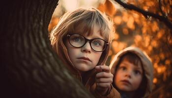 ai generado dos Niños jugando en el bosque, sonriente y mirando a cámara generado por ai foto