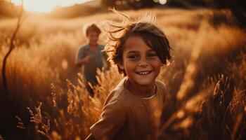 ai generado sonriente niño disfruta naturaleza, atardecer, y despreocupado familia unión al aire libre generado por ai foto