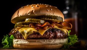 ai generado A la parrilla gastrónomo hamburguesa con queso, tomate, cebolla en sésamo bollo generado por ai foto