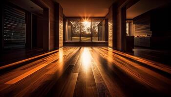 AI generated Modern apartment with dark wood flooring, illuminated by bright electric lamps generated by AI photo