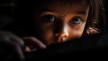 ai generado linda niño, pequeño bebé, mirando a cámara, sonriente, inocencia, felicidad generado por ai foto