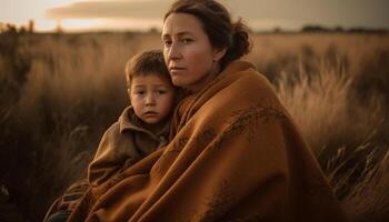 AI generated A loving mother embraces her smiling son in a meadow generated by AI photo