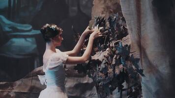 The ballerina corrects the scenery, preparing for the performance. preparation for a ballet performance. video