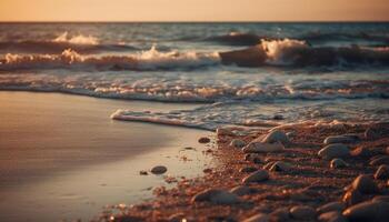 ai generado puesta de sol terminado el tranquilo línea costera, olas salpicaduras en arenoso costas generado por ai foto