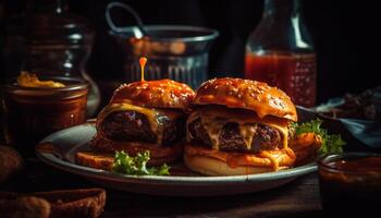 AI generated Grilled gourmet burger with cheese, fries, and refreshing cola drink generated by AI photo