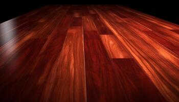 AI generated Wooden plank table in a dark room with striped backdrop generated by AI photo