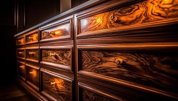 AI generated Wooden cabinet with ornate design, storing antique books in library generated by AI photo