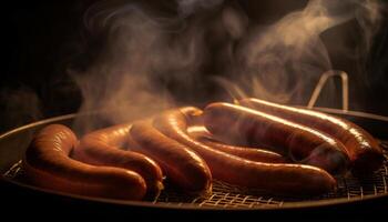 AI generated Grilled pork, beef, and bratwurst on fire generated by AI photo