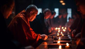 AI generated Men and women praying, holding candles, celebrating spirituality indoors generated by AI photo