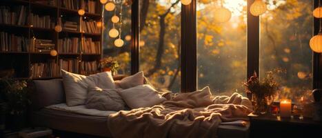 AI generated Cozy Reading Nook at Golden Hour photo