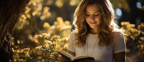 ai generado alegre leyendo en naturaleza foto