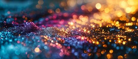 AI generated Vibrant neon lights reflecting on a wet, glitter-covered surface photo