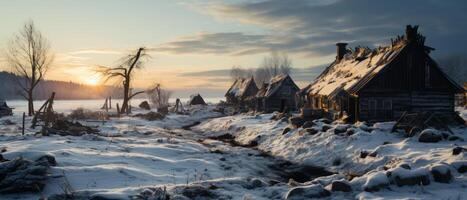 AI generated Winter Twilight over Rustic Village photo