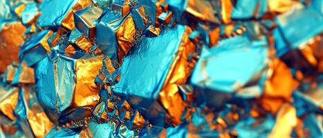 AI generated A vibrant close-up of glass-like textures with golden and turquoise hues, resembling ice or mineral formations photo