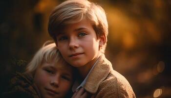 ai generado dos linda Niños sonriente al aire libre, abrazando en otoño naturaleza generado por ai foto