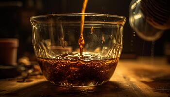 AI generated Whiskey glass on bar table, ice melting, refreshing drink generated by AI photo