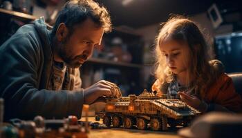 ai generado padre y hijo unión, trabajando juntos en un construcción taller generado por ai foto