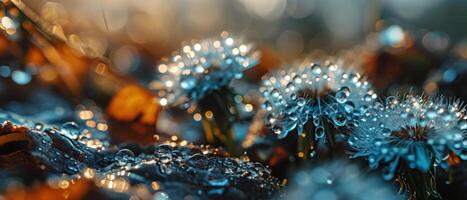 AI generated Macro shot of dew-covered dandelions backlit by the warm glow of the sunrise, creating a bokeh effect photo