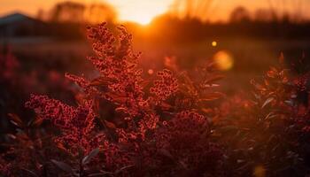 AI generated Sunset over a meadow, vibrant colors illuminate nature beauty generated by AI photo