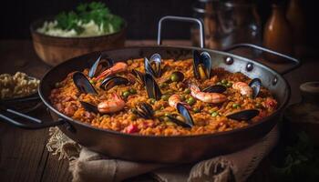 ai generado Fresco Mariscos paella cocido con sano comiendo en mente generado por ai foto