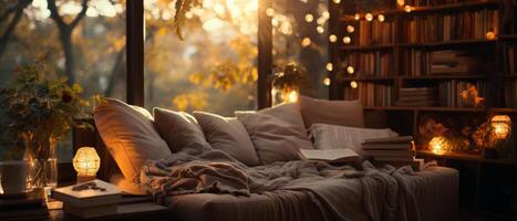 AI generated Cozy Reading Nook at Golden Hour photo