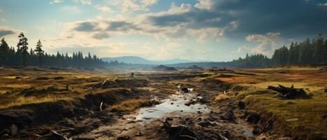AI generated Serene Post-Rain Marshland at Sunset photo