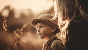 AI generated Childhood outdoors, two cute boys playing in nature, family happiness generated by AI photo