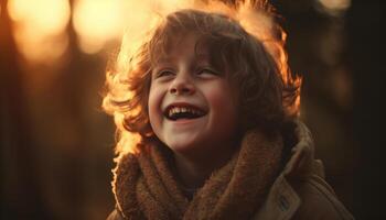 ai generado sonriente niño disfruta naturaleza, calor, y juguetón otoño puesta de sol al aire libre generado por ai foto