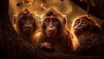 ai generado linda joven macaco sentado en un tropical selva, mirando a usted generado por ai foto