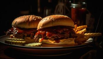 AI generated Grilled beef burger with cheese, fries, and fresh vegetables generated by AI photo