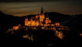 ai generado medieval capilla iluminado por atardecer, exhibiendo espiritualidad y antiguo arquitectura generado por ai foto