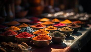 AI generated Multi colored spices in a row, selling at an Indian spice store generated by AI photo