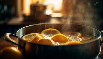 AI generated Fresh lemon slice on wooden table, refreshing drink for healthy eating generated by AI photo