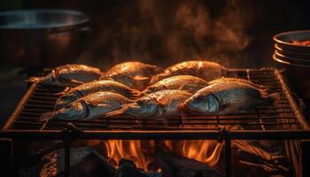 AI generated Grilled seafood fillet on a glowing barbecue, a gourmet meal generated by AI photo