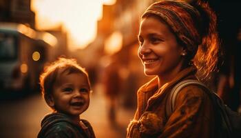 ai generado sonriente familia al aire libre, abrazando amar, disfrutando atardecer, despreocupado y contento generado por ai foto