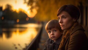 ai generado un madre y hijo abarcar, disfrutando el puesta de sol juntos generado por ai foto