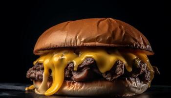 AI generated Grilled beef burger on a black background, close up and delicious generated by AI photo