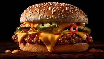 AI generated Grilled beef burger on sesame bun, with cheese and fresh vegetables generated by AI photo
