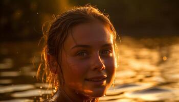 AI generated A young woman smiling in the sunset, enjoying nature beauty generated by AI photo