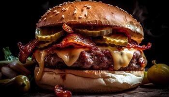 ai generado A la parrilla gastrónomo hamburguesa con queso en un bollo con Fresco tomate y cebolla generado por ai foto