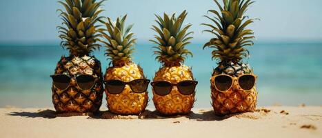 AI generated A quirky of pineapples wearing sunglasses on a sunny beach photo