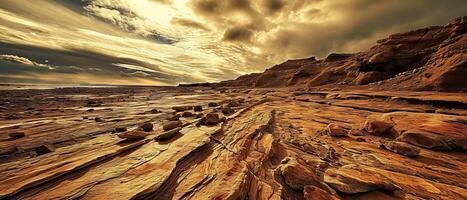 ai generado rocoso paisaje con rocas y agua debajo un nublado cielo foto