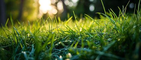 AI generated Fresh green grass covered with dew drops glistens in the warm light of a sunrise photo